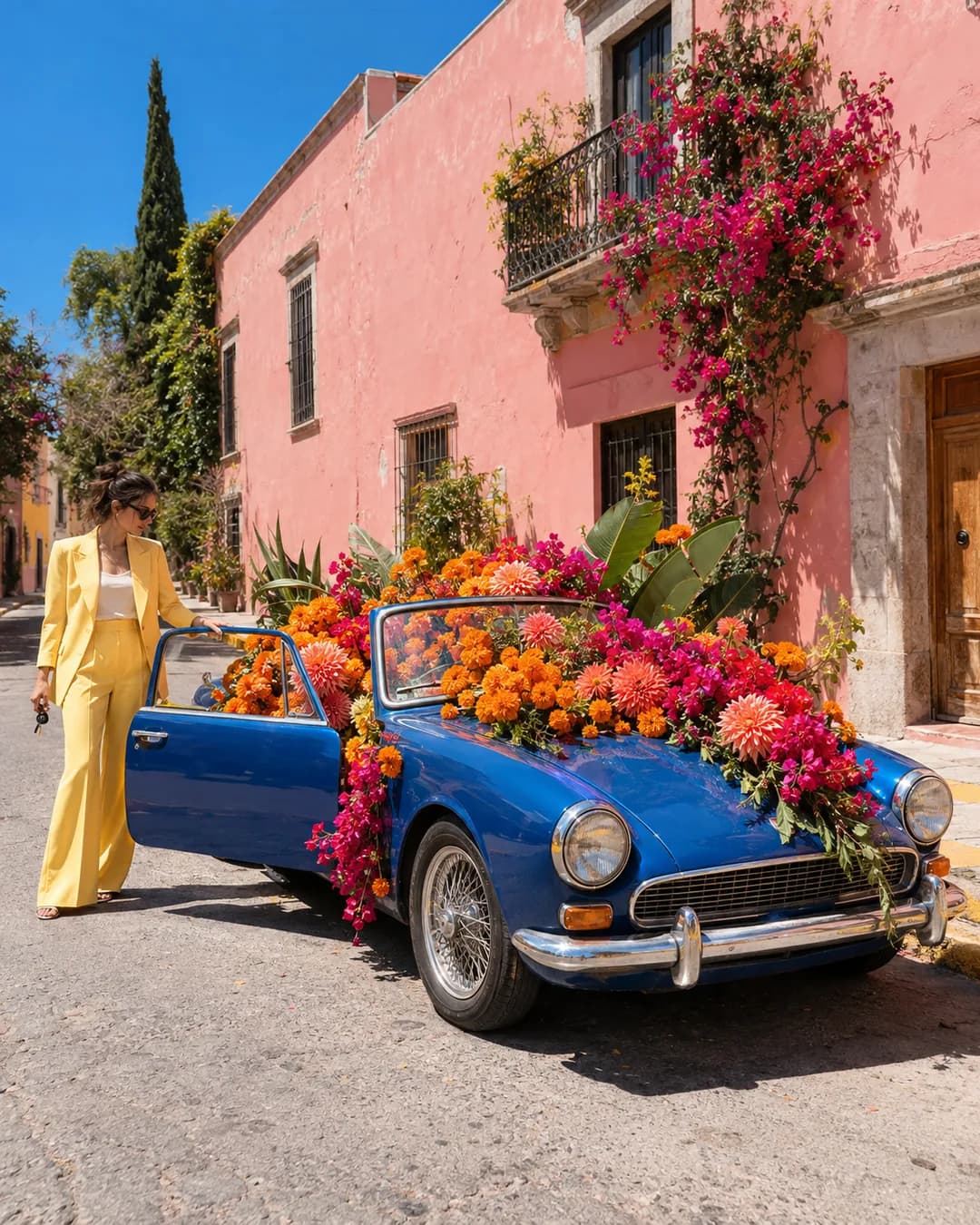 Un auto clásico cargado de flores