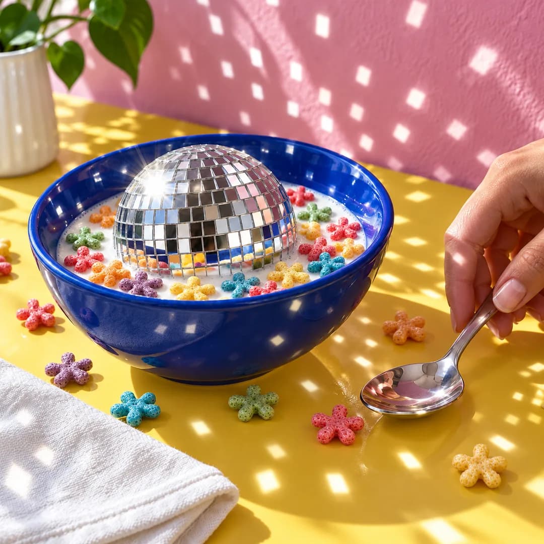 Un plato de cereal con una bola de discoteca