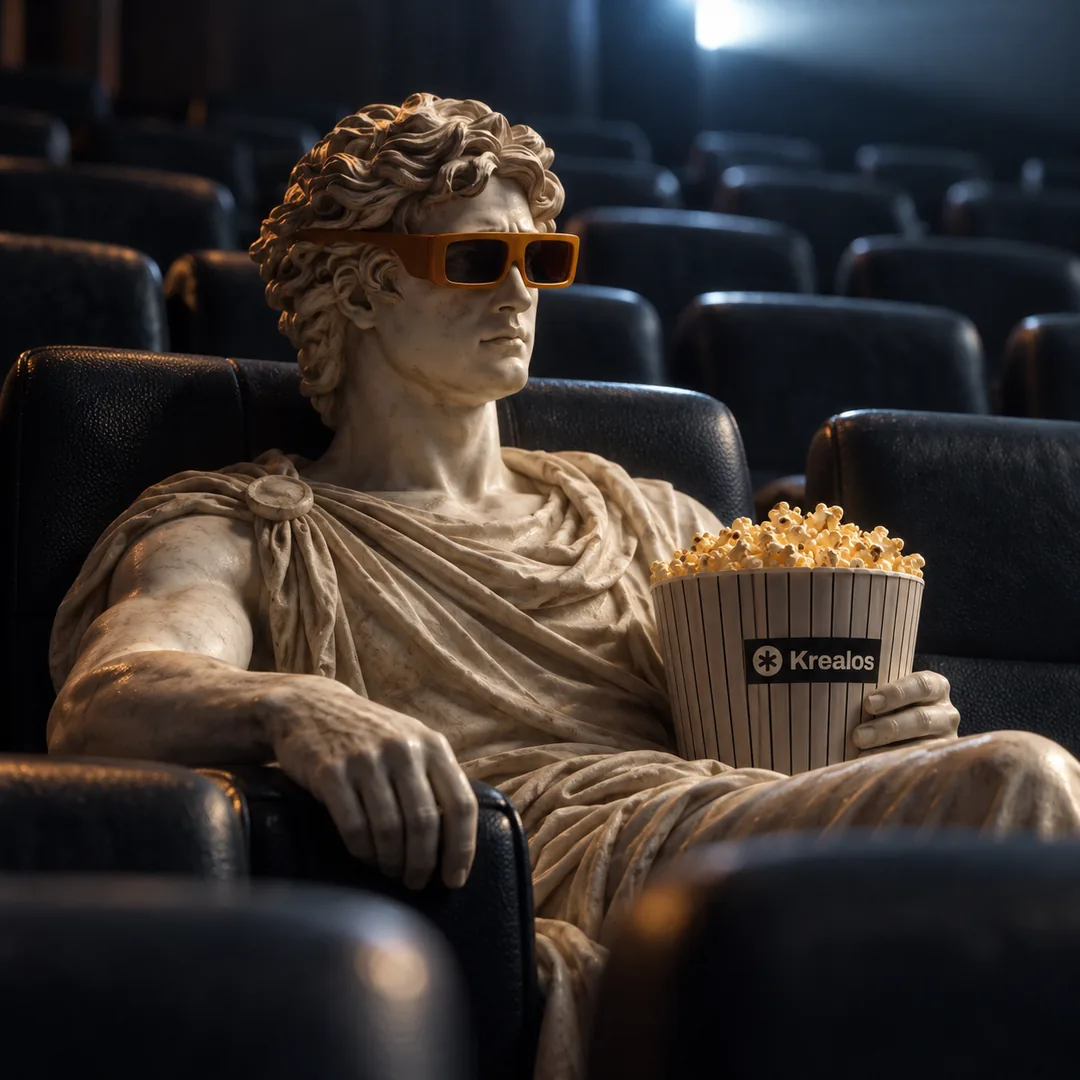 Una estatua clásica comiendo canguil en el cine