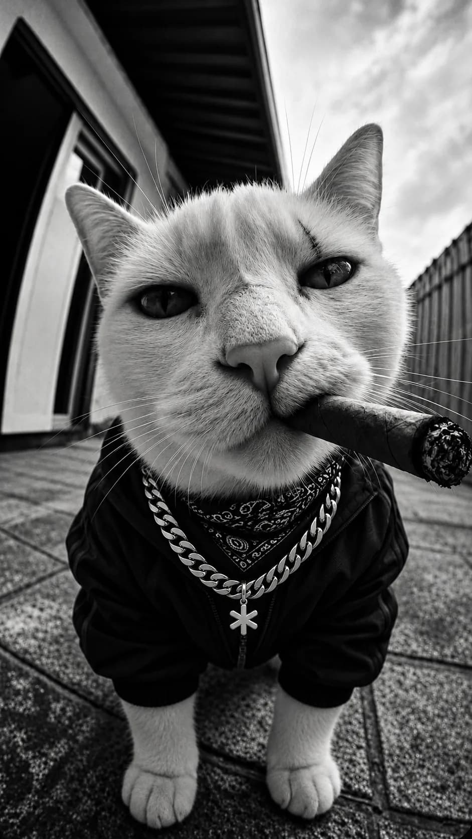 Un gato con cadena y chaqueta, en blanco y negro