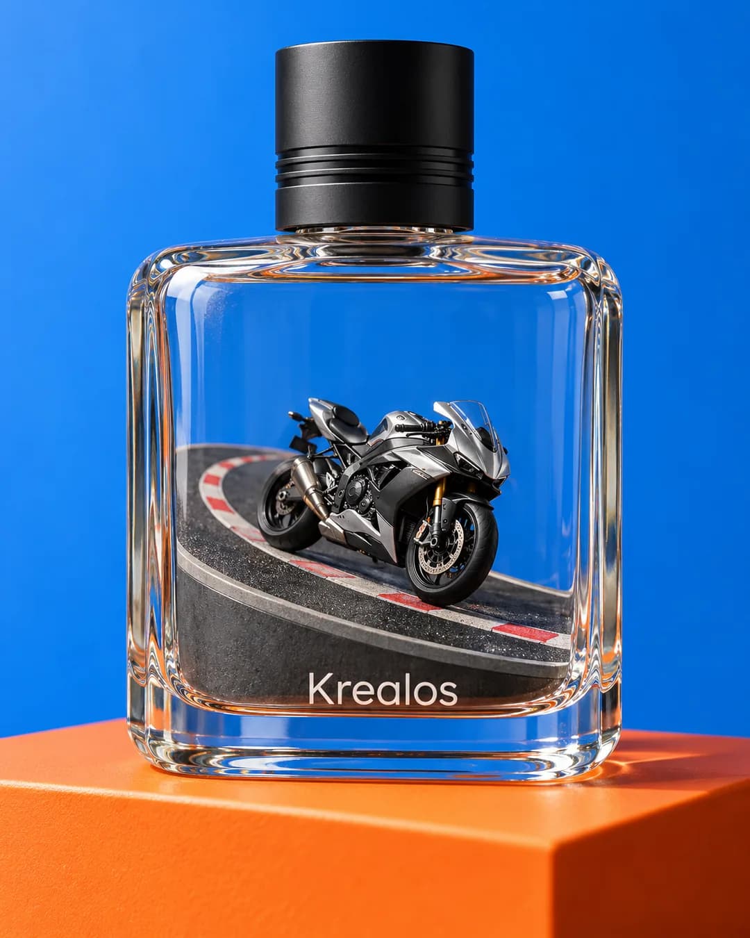 Un frasco de perfume con una moto dentro