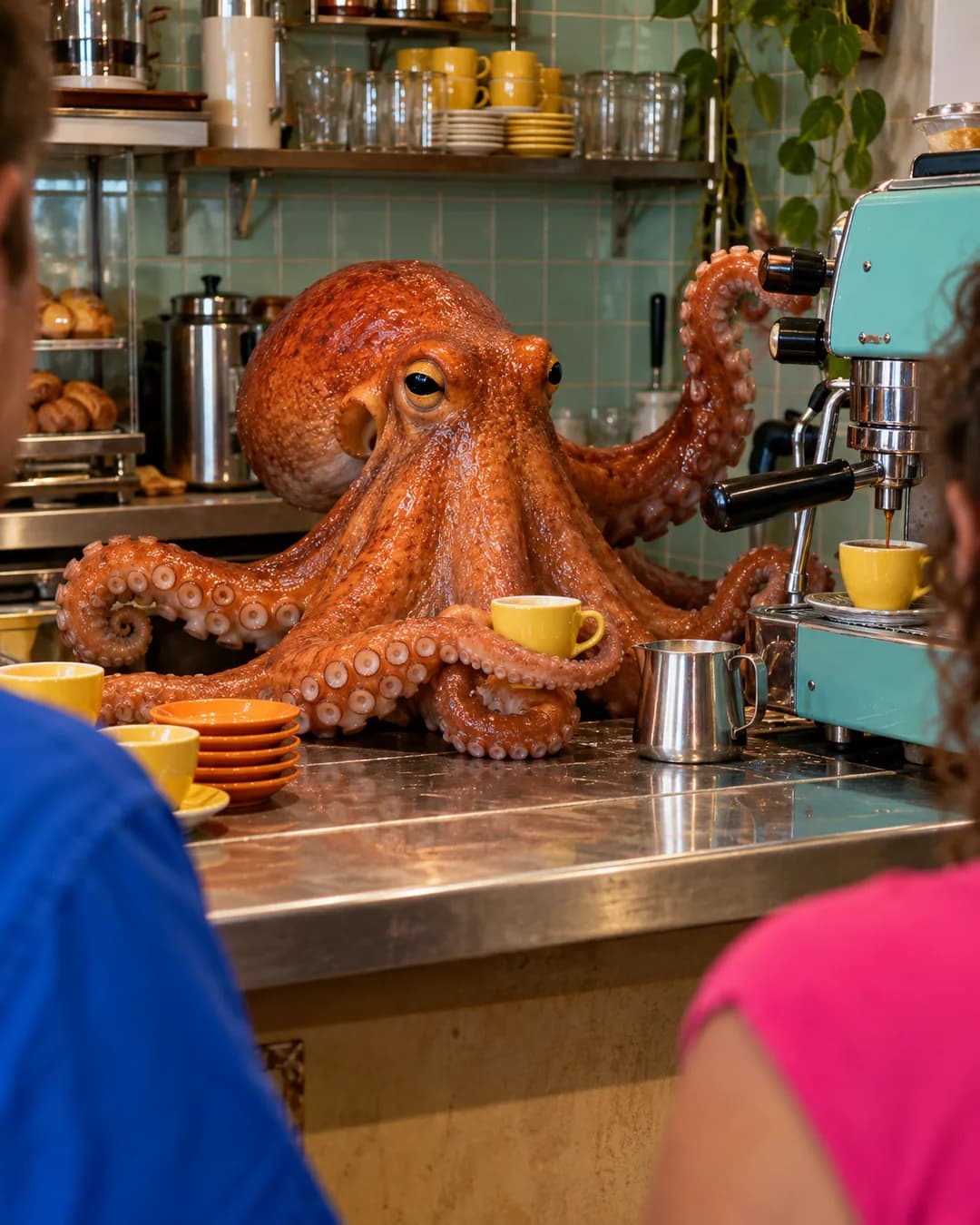 Un pulpo preparando café en la barra